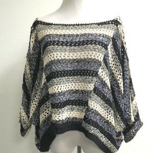 Free People lessons in stripes crochet black gray stripes poncho sweater M/L